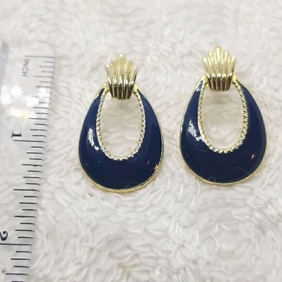 Dark Blue Earrings Open Oval Drop Gold Tone Pierced Earrings - Picture 3 of 5